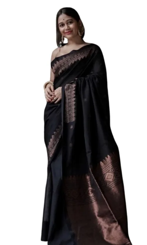 Women's Silk Printed Saree With Unstitched Blouse 5.5Mtr (Black)