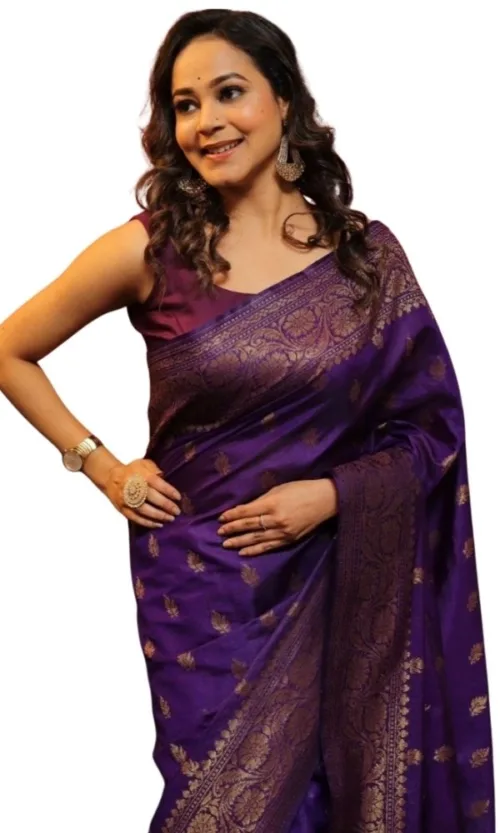 Women's Silk Printed Saree With Unstitched Blouse 5.5Mtr (Purple)