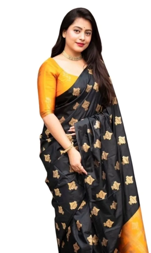 Women's Silk Printed Saree With Unstitched Blouse 5.5Mtr (Yellow)