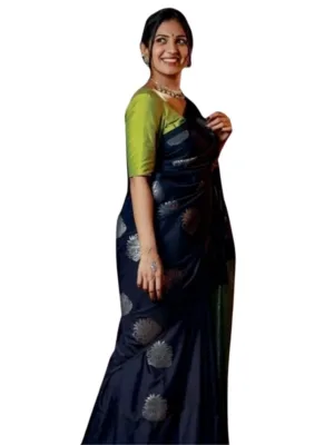 Women's Silk Printed Saree With Unstitched Blouse 5.5Mtr (Navy Blue)