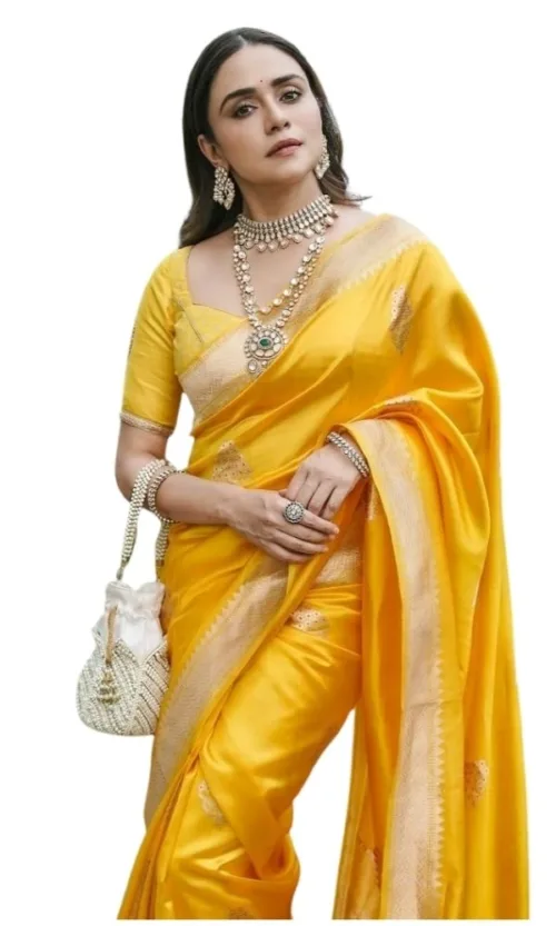Women's Silk Printed Saree With Unstitched Blouse 5.5Mtr (Yellow)