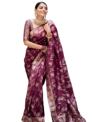 Women's Silk Printed Saree With Unstitched Blouse 5.5Mtr (Wine)
