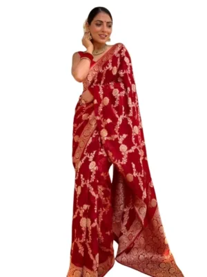 Women's Silk Printed Saree With Unstitched Blouse 5.5Mtr (Red)