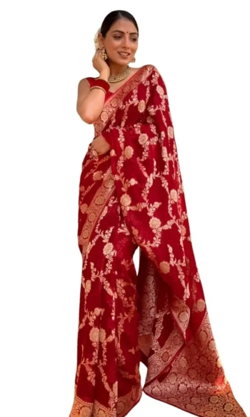 Women's Silk Printed Saree With Unstitched Blouse 5.5Mtr (Red)