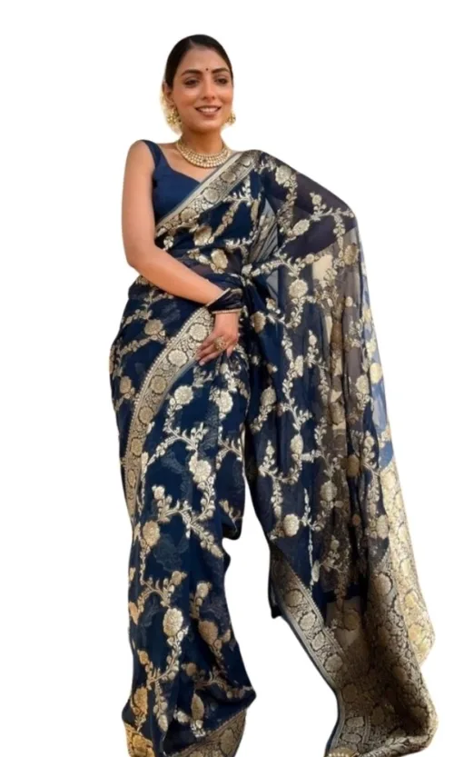 Women's Silk Printed Saree With Unstitched Blouse 5.5Mtr (Dark Blue)
