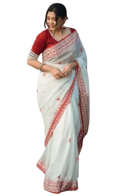 Women's Cotton  Printed Saree With Unstitched Blouse 5.5Mtr (White-Red)