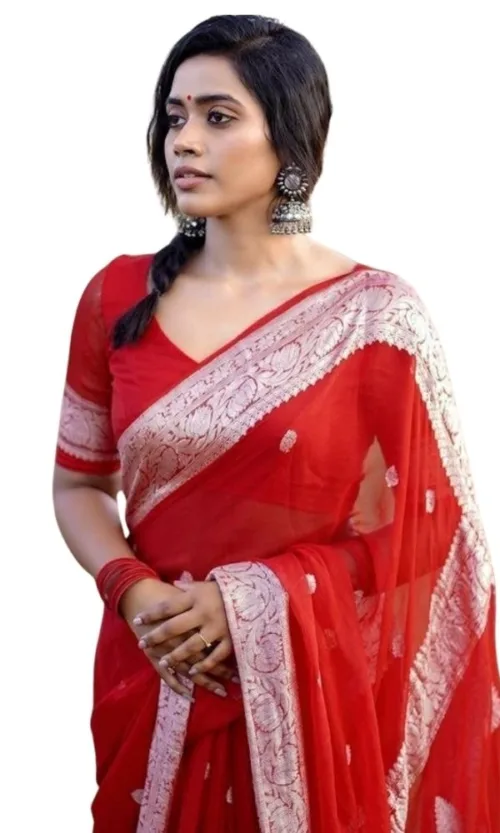 Women's Cotton  Printed Saree With Unstitched Blouse 5.5Mtr (Red)