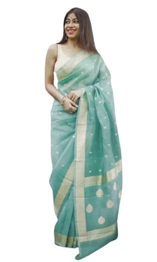 Women's Cotton  Printed Saree With Unstitched Blouse 5.5Mtr (Sky)