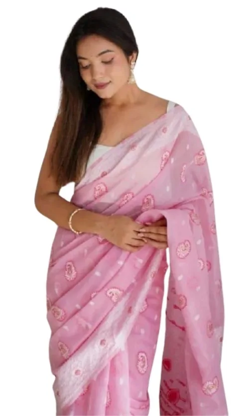 Women's Cotton Printed Saree With Unstitched Blouse 5.5Mtr (Pink)