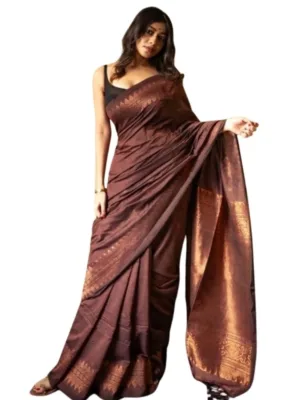 Women's Silk Printed Saree With Unstitched Blouse 5.5Mtr (Coffee)