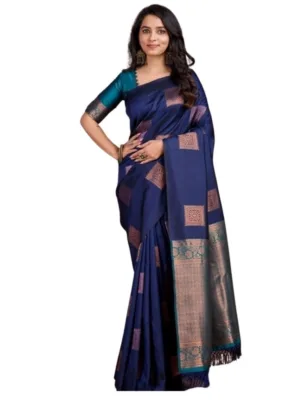 Women's Silk Printed Saree With Unstitched Blouse 5.5Mtr (Navy Blue)