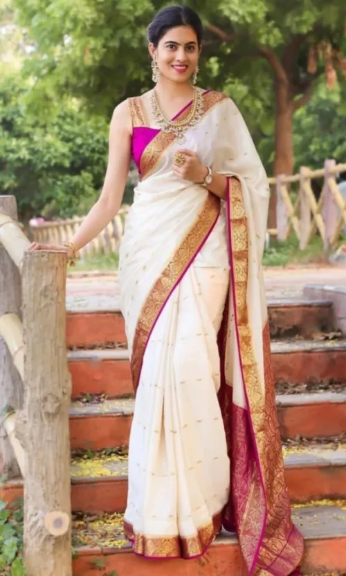 Women's Silk Printed Saree With Unstitched Blouse 5.5Mtr (White)