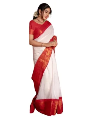 Women's Silk Printed Saree With Unstitched Blouse 5.5Mtr (White)