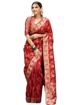 Women's Silk Printed Saree With Unstitched Blouse 5.5Mtr (Red)