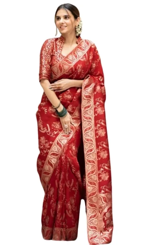 Women's Silk Printed Saree With Unstitched Blouse 5.5Mtr (Red)