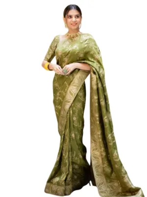 Women's Silk Printed Saree With Unstitched Blouse 5.5Mtr (Olive Green)