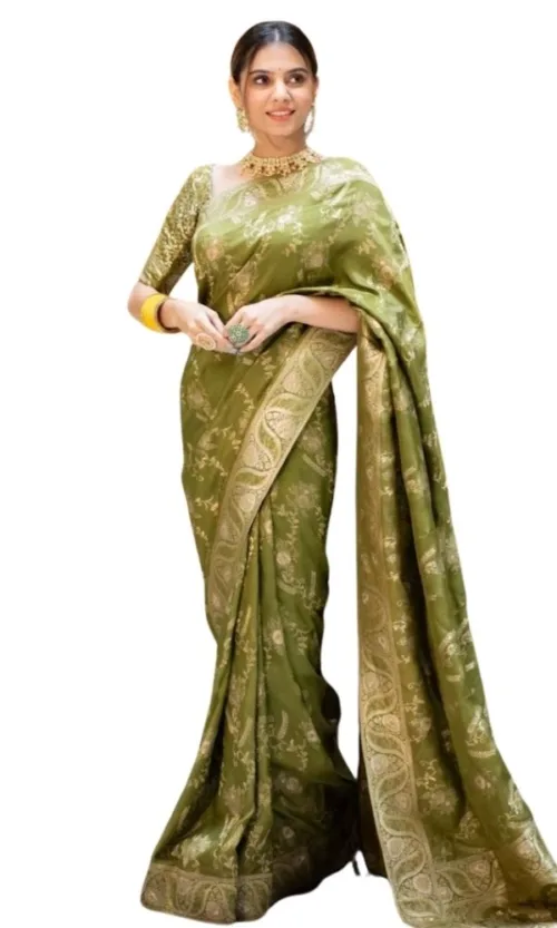 Women's Silk Printed Saree With Unstitched Blouse 5.5Mtr (Olive Green)