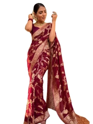 Women's Silk Printed Saree With Unstitched Blouse 5.5Mtr (Maroon)