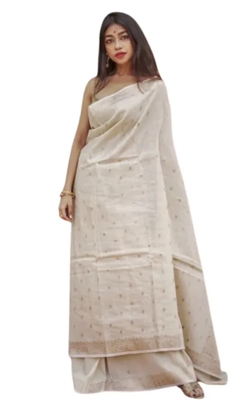Women's Cotton  Printed Saree With Unstitched Blouse 5.5Mtr (Cream)