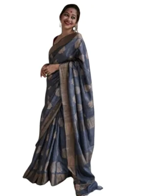 Women's Silk Printed Saree With Unstitched Blouse 5.5Mtr (Grey)