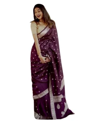 Women's Cotton Printed Saree With Unstitched Blouse 5.5Mtr (Purple)