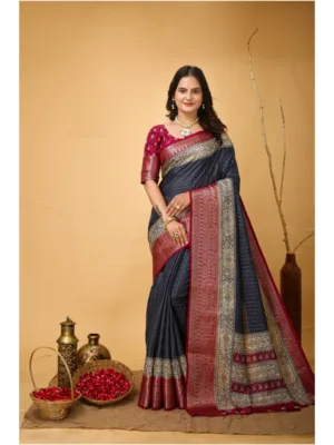 Women's Soft Dola Cotton Kalamkari Printed Saree With Unstitched Blouse 5.5Mtr (Grey)