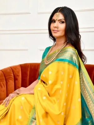 Women's Soft Lichi Silk Printed Saree With Unstitched Blouse 5.5Mtr (Yellow)