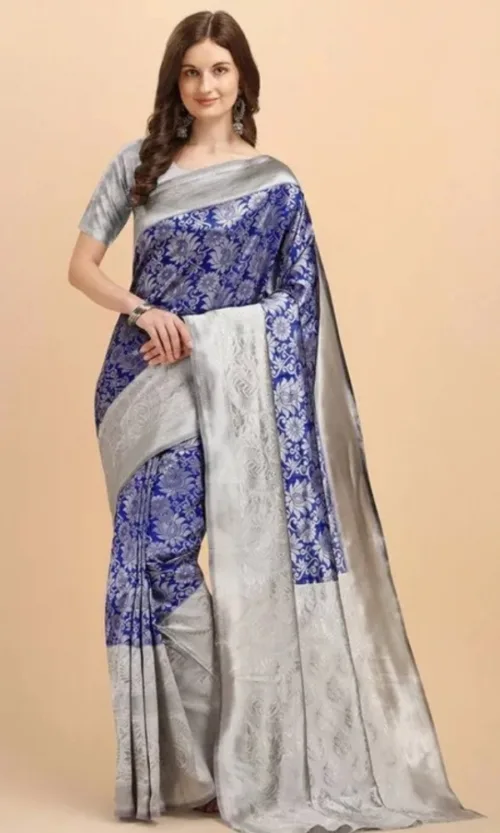 Women's Soft Lichi Silk Printed Saree With Unstitched Blouse 5.5Mtr (Blue)
