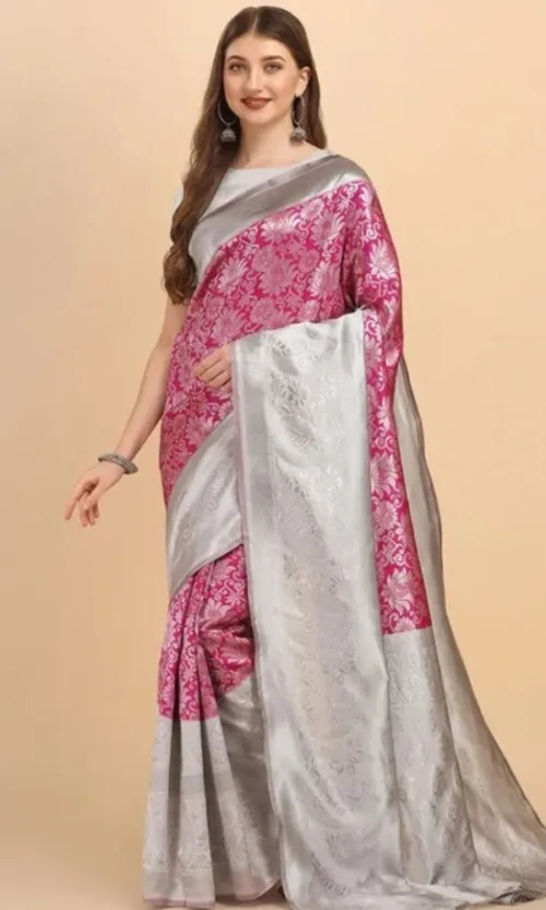 Women's Soft Lichi Silk Printed Saree With Unstitched Blouse 5.5Mtr (Pink)