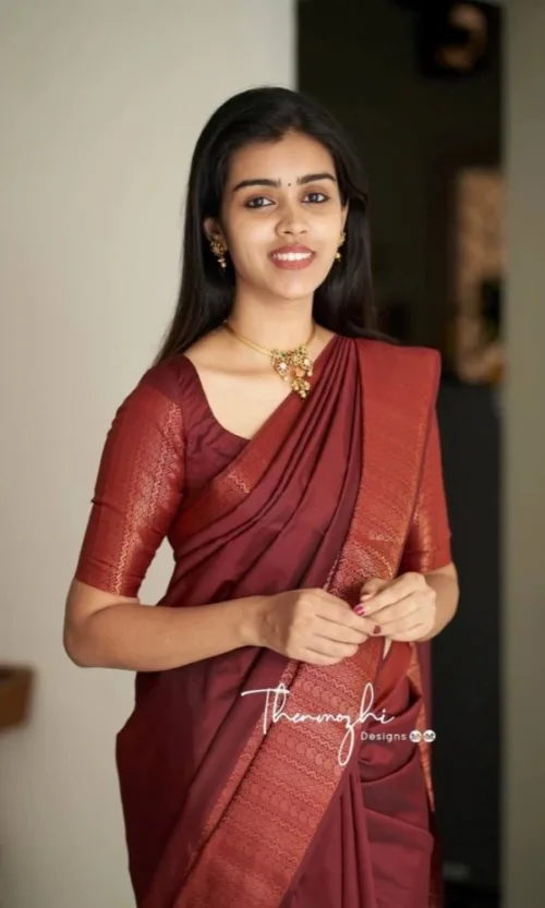 Women's Soft Lichi Silk Solid Saree With Unstitched Blouse 5.5Mtr (Maroon)