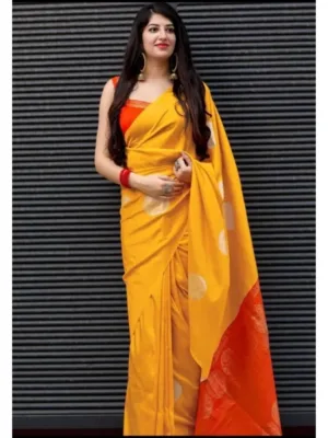 Women's Soft Lichi Silk Printed Saree With Unstitched Blouse 5.5Mtr (Yellow)