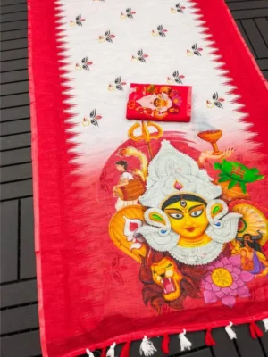 Women's linen Digital Print Saree With Unstitched Blouse 5.5Mtr (White)