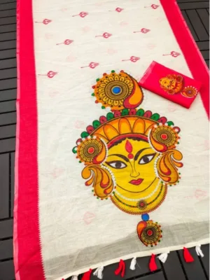 Women's linen Digital Print Saree With Unstitched Blouse 5.5Mtr (White)