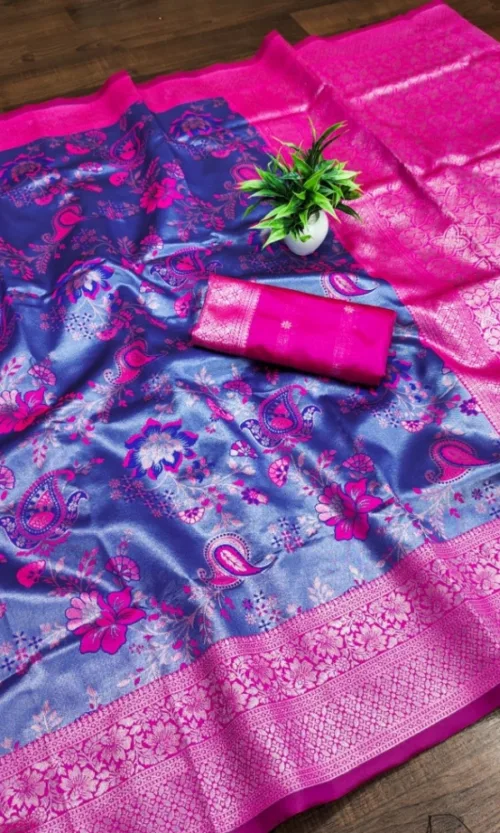 Women's Banarasi Jacquard Printed Saree With Unstitched Blouse 5.5Mtr (Navy Blue)
