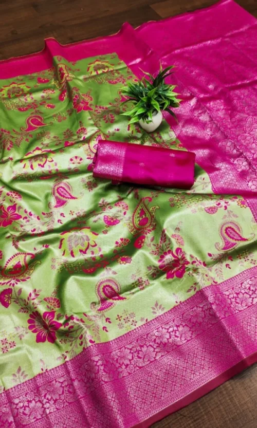 Women's Banarasi Jacquard Printed Saree With Unstitched Blouse 5.5Mtr (Mehendi Green)