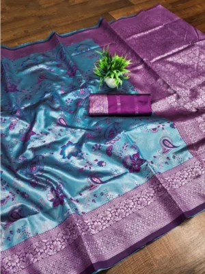 Women's Banarasi Jacquard Printed Saree With Unstitched Blouse 5.5Mtr (Blue)