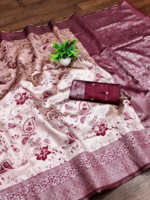 Women's Banarasi Jacquard Printed Saree With Unstitched Blouse 5.5Mtr (Wine)