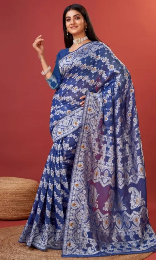 Women's Cotton Silk Printed Saree With Unstitched Blouse 5.5Mtr (Blue)