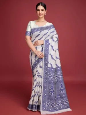 Women's Jamdani Cotton Silk Printed Saree With Unstitched Blouse 5.5Mtr (Navy Blue)