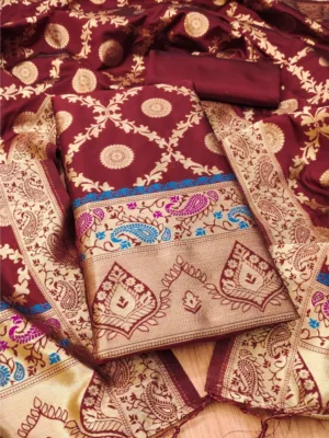 Women's Banarasi Silk Printed Unstitched Salwar Suit Material With Dupatta (Maroon, 3Mtrs)