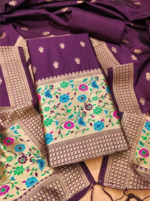 Women's Banarasi Silk Printed Unstitched Salwar Suit Material With Dupatta (Wine, 3Mtrs)