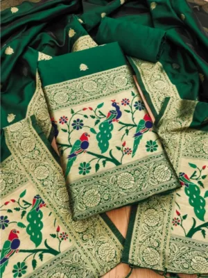 Women's Banarasi Silk Printed Unstitched Salwar Suit Material With Dupatta (Bottle Green, 3Mtrs)