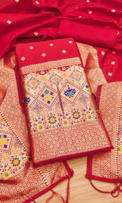 Women's Banarasi Silk Printed Unstitched Salwar Suit Material With Dupatta (Red, 3Mtrs)