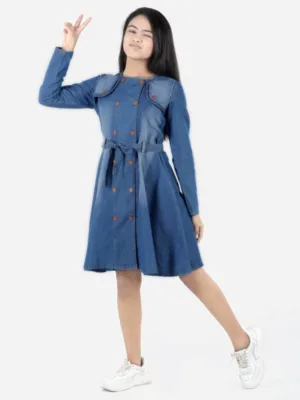 Girl's Denim Solid Long Sleeve Round Neck Dress (Blue)
