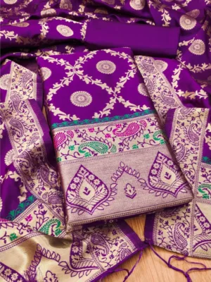 Women's Banarasi Silk Printed Unstitched Salwar Suit Material With Dupatta (Purple, 3Mtrs)