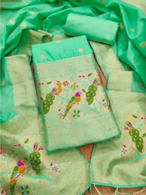 Women's Banarasi Silk Printed Unstitched Salwar Suit Material With Dupatta (Sea Green, 3Mtrs)