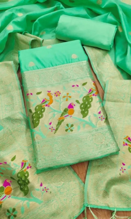 Women's Banarasi Silk Printed Unstitched Salwar Suit Material With Dupatta (Sea Green, 3Mtrs)