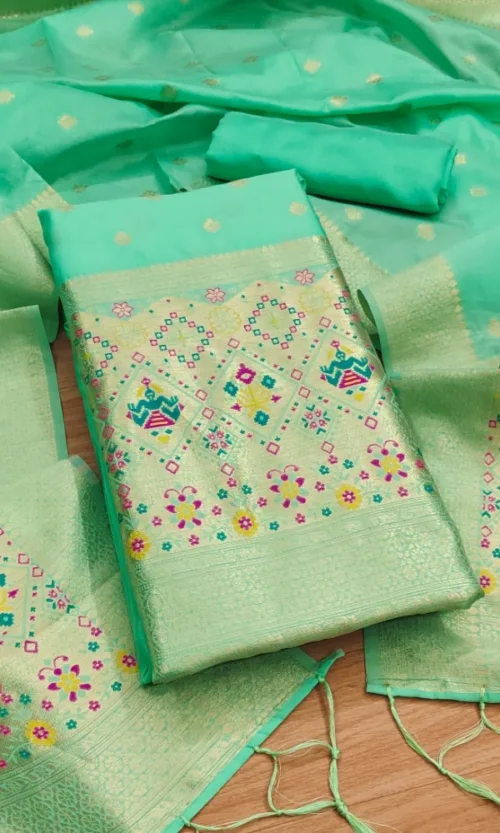 Women's Banarasi Silk Printed Unstitched Salwar Suit Material With Dupatta (Sea Green, 3Mtrs)