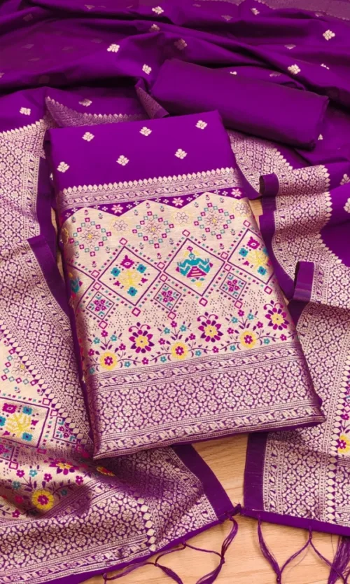 Women's Banarasi Silk Printed Unstitched Salwar Suit Material With Dupatta (Purple, 3Mtrs)