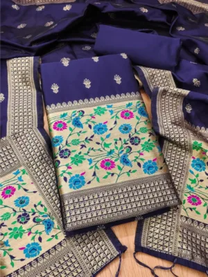 Women's Banarasi Silk Printed Unstitched Salwar Suit Material With Dupatta (Navy Blue, 3Mtrs)